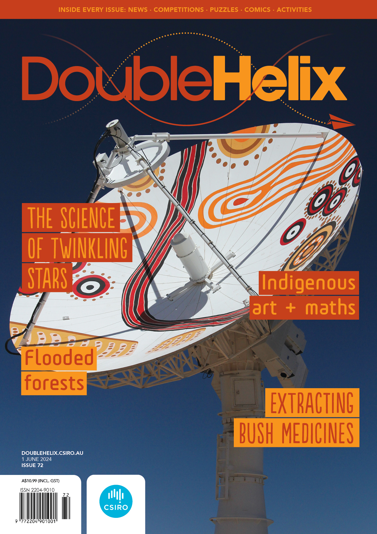Double Helix #72 cover featuring a radio telescope dish painted in aboriginal design of ochre coloured dots and stripes