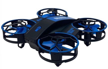 Mini drone in blue with four propellors.