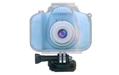 Pale blue child's camera in Perspex casing.