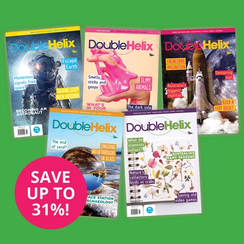 Five Double Helix magazine covers on a bright green background with a pink circle bottom left with text reading 'Save up to 31%'