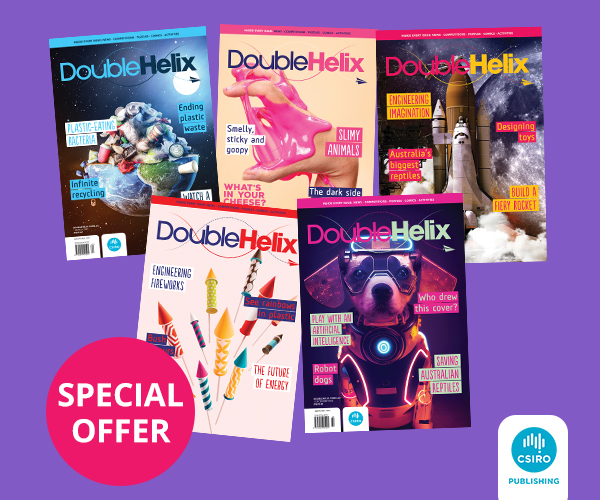 Five Double Helix covers fanned out on a bright purple background. Next to them is a circle that contains the text 'Special Offer'.