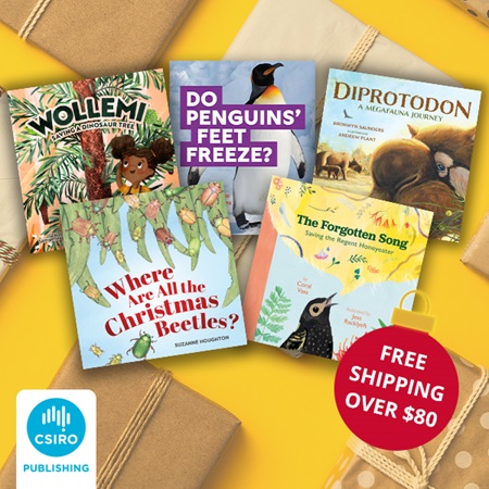 A selection of children's books from CSIRO Publishing and a red bauble that contains the text 'Free Shipping over $80'