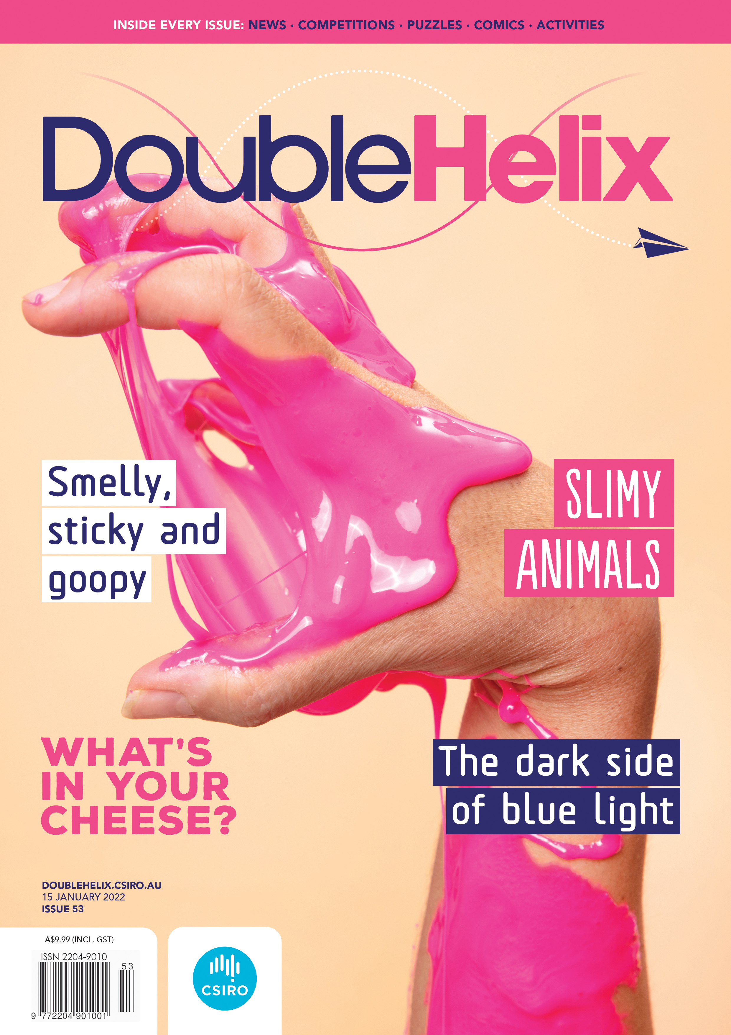 Cover of 'Double Helix' magazine issue 53, featuring a photograph of someone's hand covered in bright pink gooey slime.