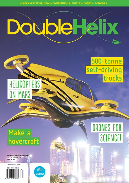 DH67 cover featuring a yellow drone flying over the city